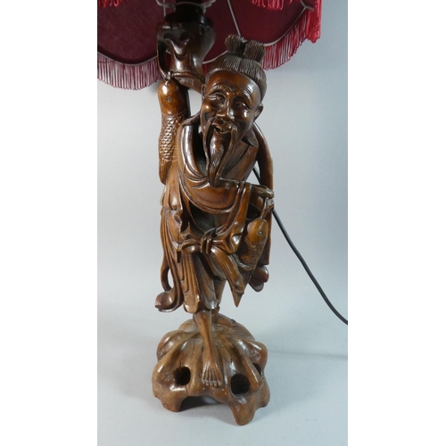 60 - A Large Carved Chinese Rootwood Figure of a Fisherman Converted to Table Lamp, Root Carving 52cm Hig... 