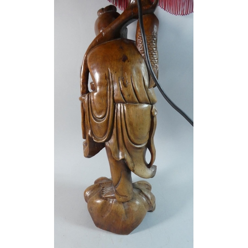 60 - A Large Carved Chinese Rootwood Figure of a Fisherman Converted to Table Lamp, Root Carving 52cm Hig... 
