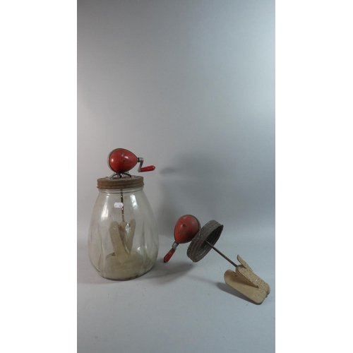 68 - A Vintage Blow Glass Butter Churn with Spare Cranking Paddle Top