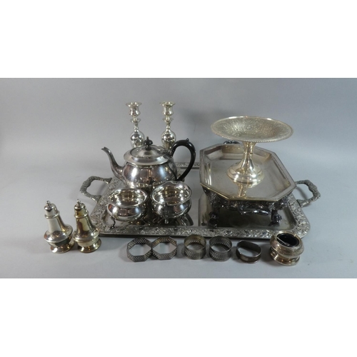 86 - A Rectangular Silver Plated Two Handled Tray with Moulded Border Containing Tea Service, Candle Stic... 