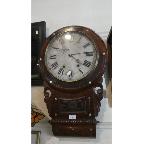 91 - A Victorian Rosewood Framed Drop Dial Wall Clock with Replacement Clockwork Movement, Mother of Pear... 