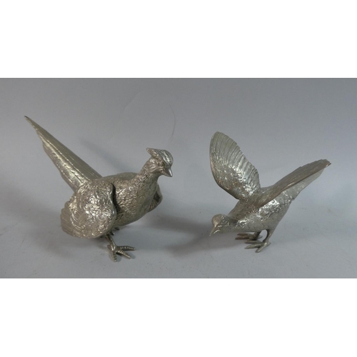 95 - Two Silver Plated Studies of Fighting Cock Pheasants, 21cm Long