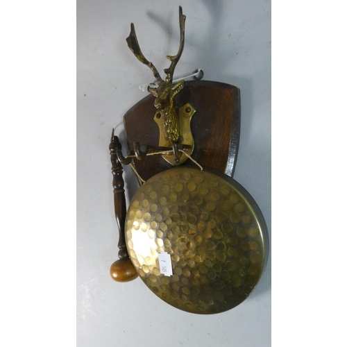 82 - An Edwardian Wall Hanging Brass Gong with Stag's Head Mount to Shield, Total Height 33cm