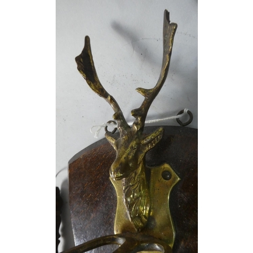 82 - An Edwardian Wall Hanging Brass Gong with Stag's Head Mount to Shield, Total Height 33cm