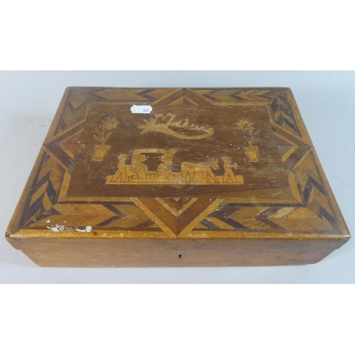 10 - A Continental Inlaid Sewing Box with Contents Inscribed Madeira, 29cm Wide