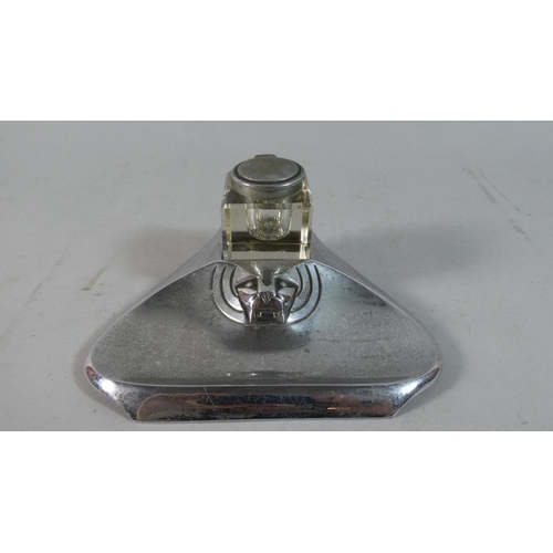 3 - A 1950's Chrome Desk Top Inkstand with Stylised Lion Motif, 16cm Wide