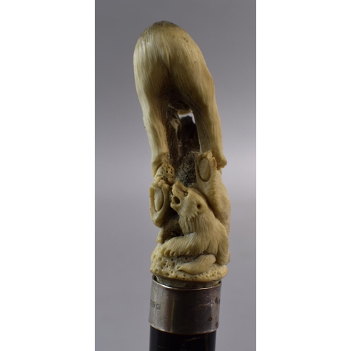 51 - A Gents Ebonised Thornwood Walking Cane with Carved Antler Finial Depicting Two Bears Fighting with ... 