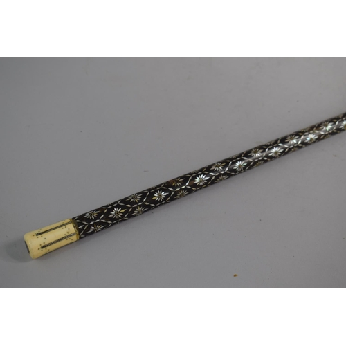 49 - A 19th Century Ebonised Long Walking Cane with Inlaid Mother of Pearl Floral Decoration and Ivory Ha... 