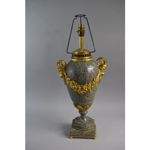 11 - A Large French Ormolu Mounted Polished Marble Table Lamp of Vase Form with Rams Head Carrying Handle... 