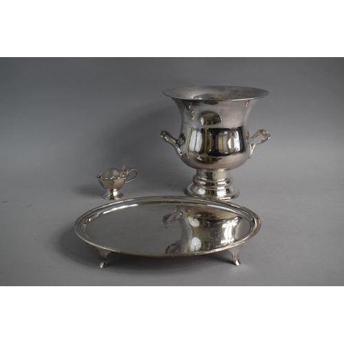 136 - A Silver Plated Oval Card Tray on Four Scrolled Feet, an Ice Bucket and a Mustard Pot