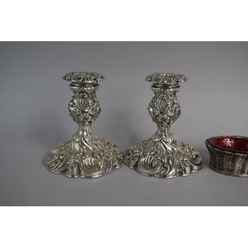 132 - A Pair of Silver Plated Rococo Style Candlesticks Together with a Pair of Silver Plated Salts in the... 