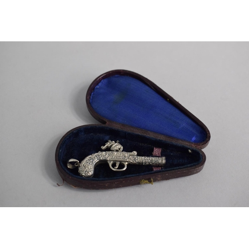 170 - A Cased Novelty Silver Whistle in the Form of a Flintlock Pistol, 6cm Long