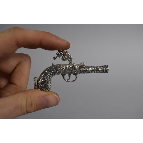 170 - A Cased Novelty Silver Whistle in the Form of a Flintlock Pistol, 6cm Long