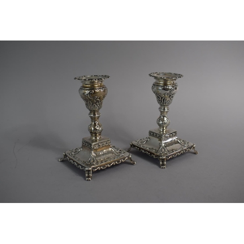 164 - A Pair of Silver Candlesticks on Square Bases with Scrolled Feet, Birmingham Hallmarks, 12cm High