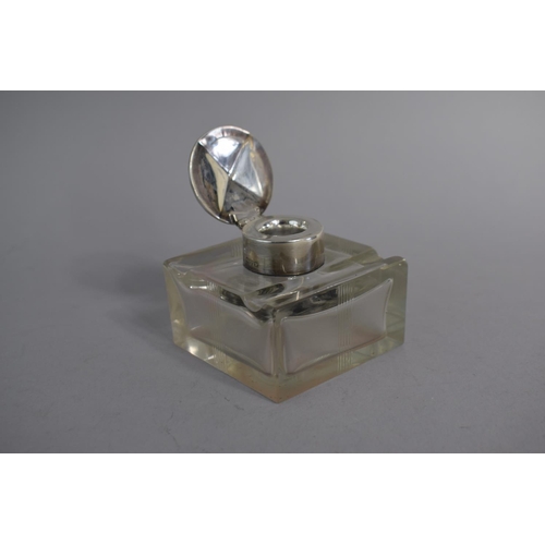 195 - A Silver Topped Square Glass Inkwell/Pen Rest, 7cm, Chester 1922