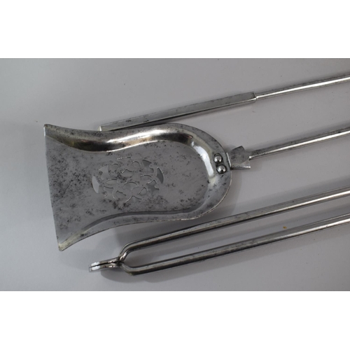 103 - A Set of Three 19th Century Polished Steel Fire Irons with Cube Topped Brass Handles, Pierced Shovel... 