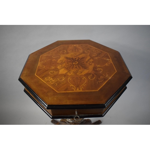 52 - An Inlaid Walnut Ladies Tripod Work Table with Hinged Octagonal Top to Fitted Interior with Central ... 