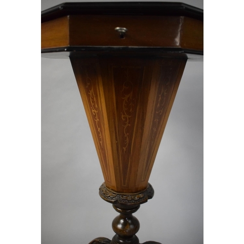 52 - An Inlaid Walnut Ladies Tripod Work Table with Hinged Octagonal Top to Fitted Interior with Central ... 