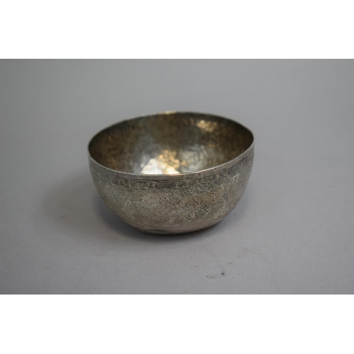 177 - A Chinese White Metal Small Bowl/Tea Bowl with Engraved Decoration Depicting Elders, Stags, Horses i... 