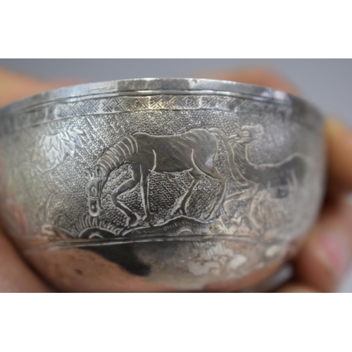 177 - A Chinese White Metal Small Bowl/Tea Bowl with Engraved Decoration Depicting Elders, Stags, Horses i... 