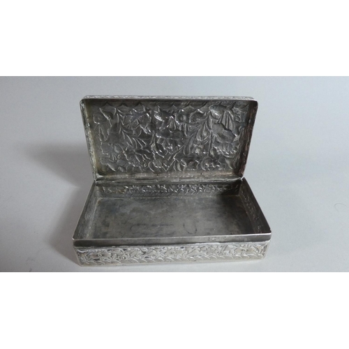 176 - A Chinese Silver White Metal Rectangular Box, the Hinged Lid with Repousse Decoration Depicting Pond... 