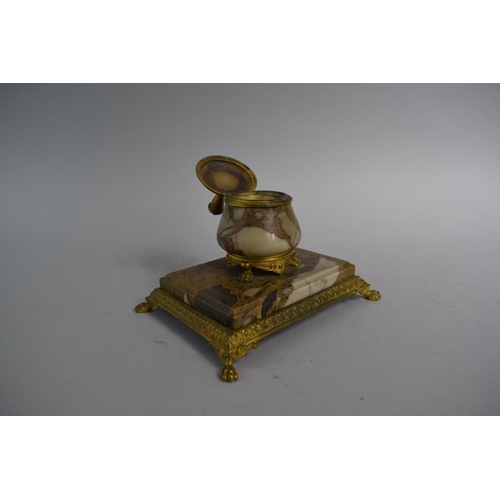 77 - A Late 19th Century French Ormolu and Marble Mounted Desk Top Inkwell on Claw Feet