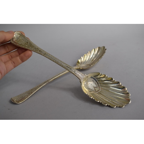 180 - A Pair of Victorian Silver Serving Spoons with Scallop Shell Bowls, London 1865-1866, George W Adams... 