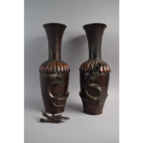 120 - A Pair of Tall Japanese Meiji Period Bronze Vases, The Border Decorated with Applied Dragon (One Hea... 