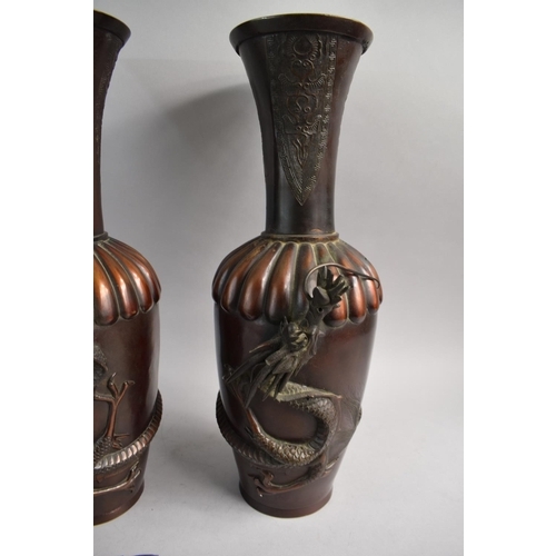 120 - A Pair of Tall Japanese Meiji Period Bronze Vases, The Border Decorated with Applied Dragon (One Hea... 