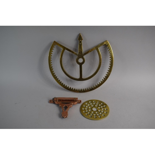 114 - A 19th Century Brass Cog Driven Arrow Pointer, A GWR Copper Door Bracket and a Pierced Brass Disc (P... 