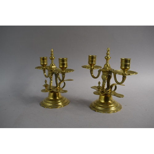 109 - A Pair of Late 19th Century Brass Two Branch Bedchamber Candlesticks with Finger Ring and Thumb Rest... 