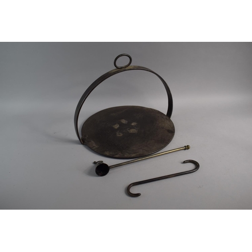 101 - A Circular Iron Skillet with Hoop Handle and Iron 'S' Hook Together with Reproduction Candle Snuffer