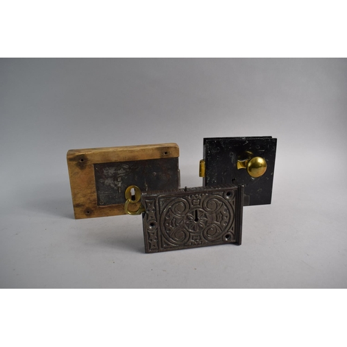 97 - A Collection of Three 19th Century Brass Mounted Door Locks to Include Slide Operated and Finger Ope... 