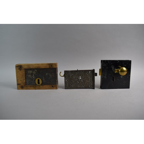 97 - A Collection of Three 19th Century Brass Mounted Door Locks to Include Slide Operated and Finger Ope... 