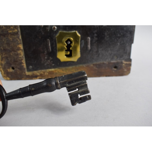 96 - A Georgian Brass Mounted Iron Door Lock Set in Wooden Surround. Complete with Complex Key and In Wor... 