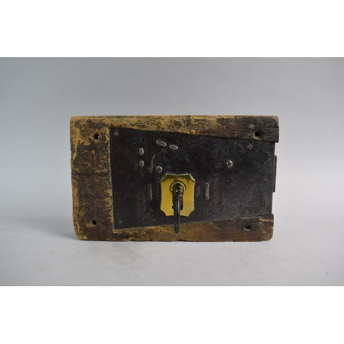 96 - A Georgian Brass Mounted Iron Door Lock Set in Wooden Surround. Complete with Complex Key and In Wor... 