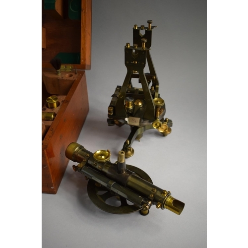 23 - A Mahogany Cased Brass Theodolite by Troughton & Simms Having Telescope, Compass, Magnifiers, Bubble... 