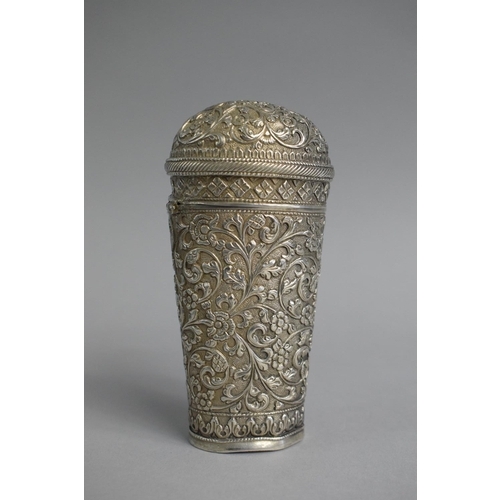 174 - An Indian White Metal Flask of Tapering Form with Hinged Lid and Repousse Relief Decoration, 14cm Hi... 