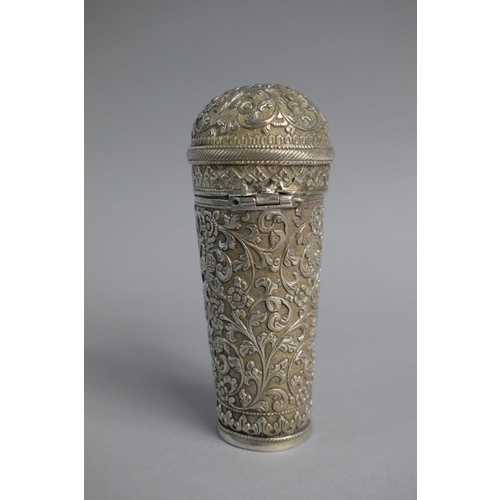 174 - An Indian White Metal Flask of Tapering Form with Hinged Lid and Repousse Relief Decoration, 14cm Hi... 