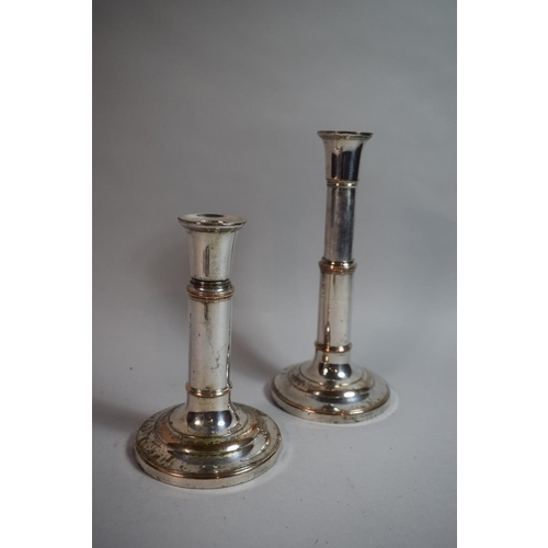 107 - A Pair of 18th Century Brass Candlesticks. 15cms High, and a Pair of 18th Century Sheffield Plate Te... 