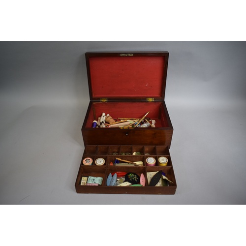 81 - A 19th Century Mahogany Work Box with Inner Removable Tray Containing Cottons, Silks, Lace Bobbins e... 