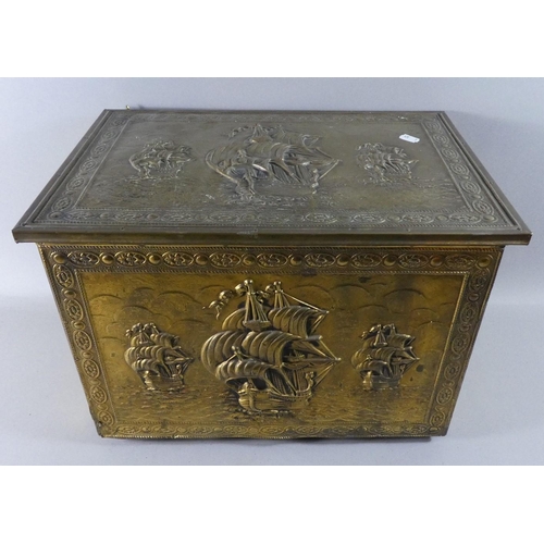 101 - A Beaten Brass Slipper Box, 46cm Wide