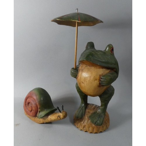 109 - Two Carved Wooden Ornaments, Frog and Snail, Frog 39cm High