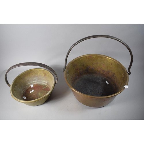 122 - Two Brass Jam Pans, the Largest 35cm Diameter