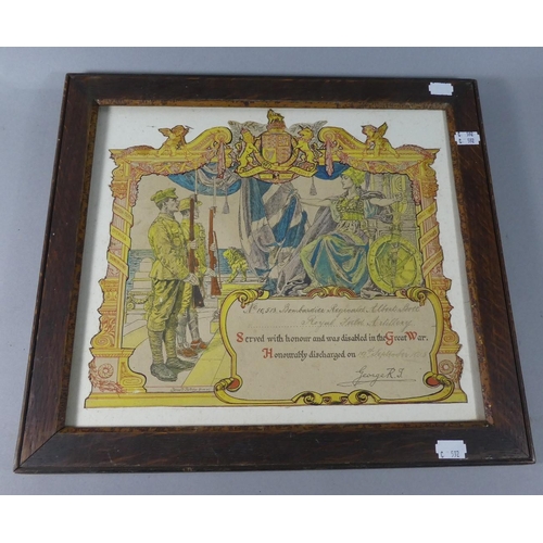 124 - A Framed Honourable Discharge Certificate for Bombardier Reginald Albert Stott, Royal Field Artiller... 