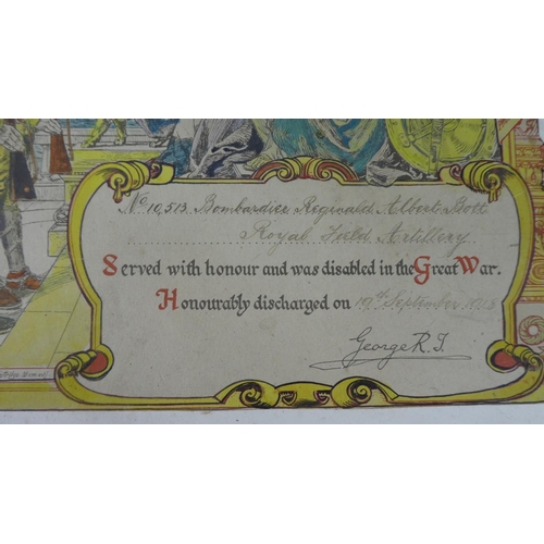 124 - A Framed Honourable Discharge Certificate for Bombardier Reginald Albert Stott, Royal Field Artiller... 