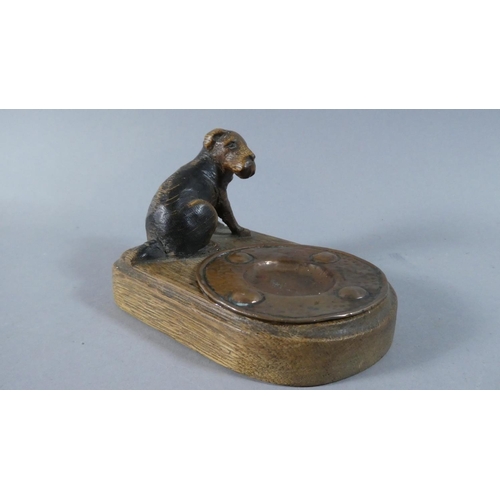 14 - An Edwardian Carved Wooden Stand with Fox Terrier Mount and Beaten Copper Dish, 13.5cm Long