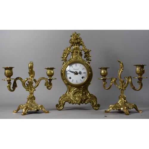 16 - An Italian Brass Clock Garniture with White Enamelled Bell and Eight Day Movement, Clock 33.5cm High