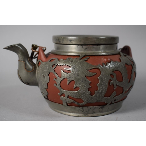 164 - A Yixing Pewter Mounted Teapot with Pierced Dragon Decoration, Seal Mark to Base (Damage to Lid and ... 