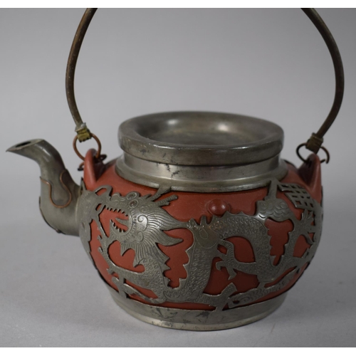 164 - A Yixing Pewter Mounted Teapot with Pierced Dragon Decoration, Seal Mark to Base (Damage to Lid and ... 